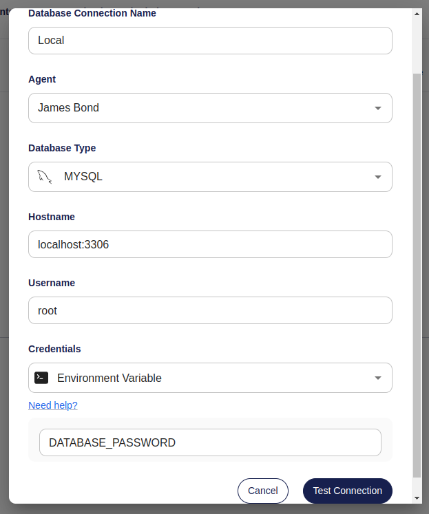 Screenshot of the 'Create Database Connection' form in Atlas Cloud, with fields for name, database URL, and credential type.