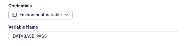 Screenshot of the Atlas Cloud UI showing the 'Environment Variable' option selected for database credentials.