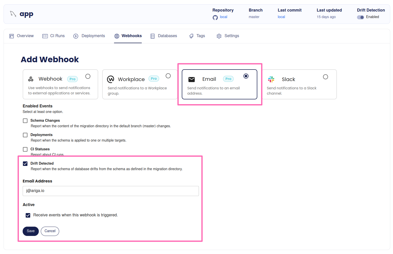 Screenshot of the Atlas Cloud notification settings page, with options for email, Slack, and webhooks.