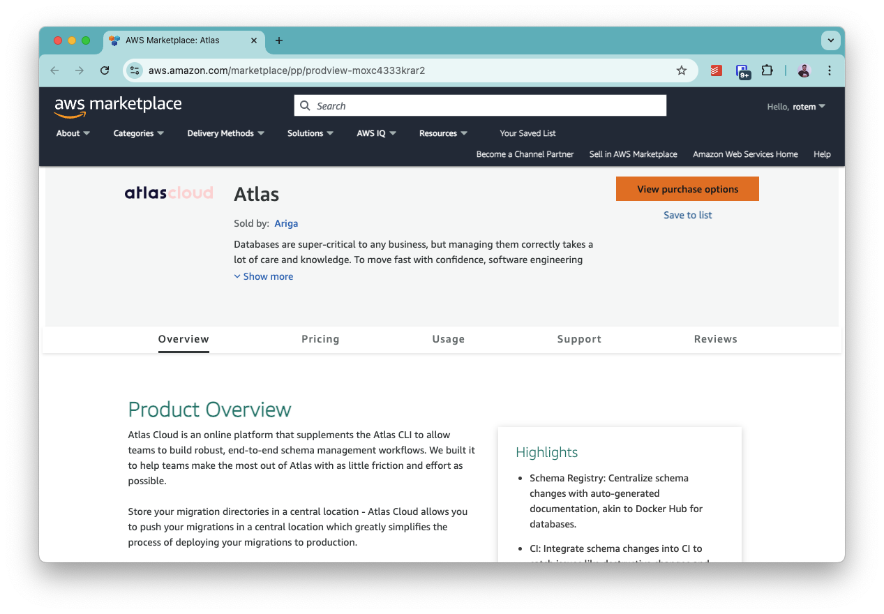 Screenshot of the Atlas product page on the AWS Marketplace, showing subscription options.