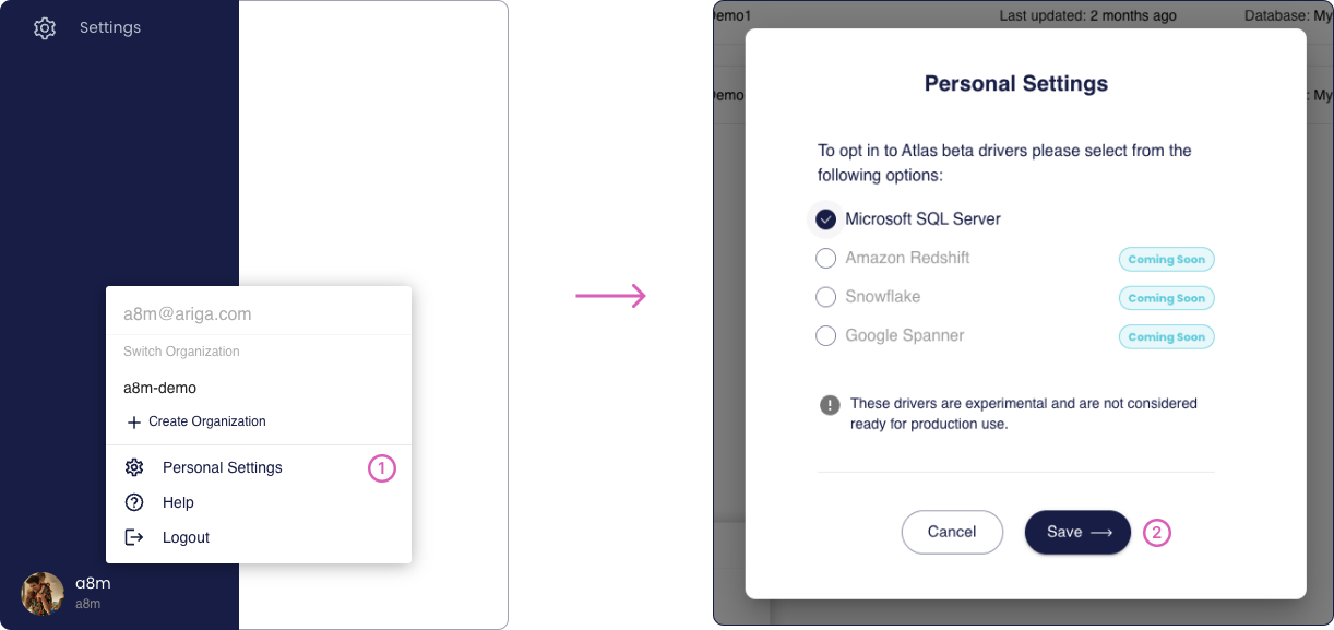 Screenshot of the Atlas Cloud settings page showing the option to enable the Microsoft SQL Server beta driver.