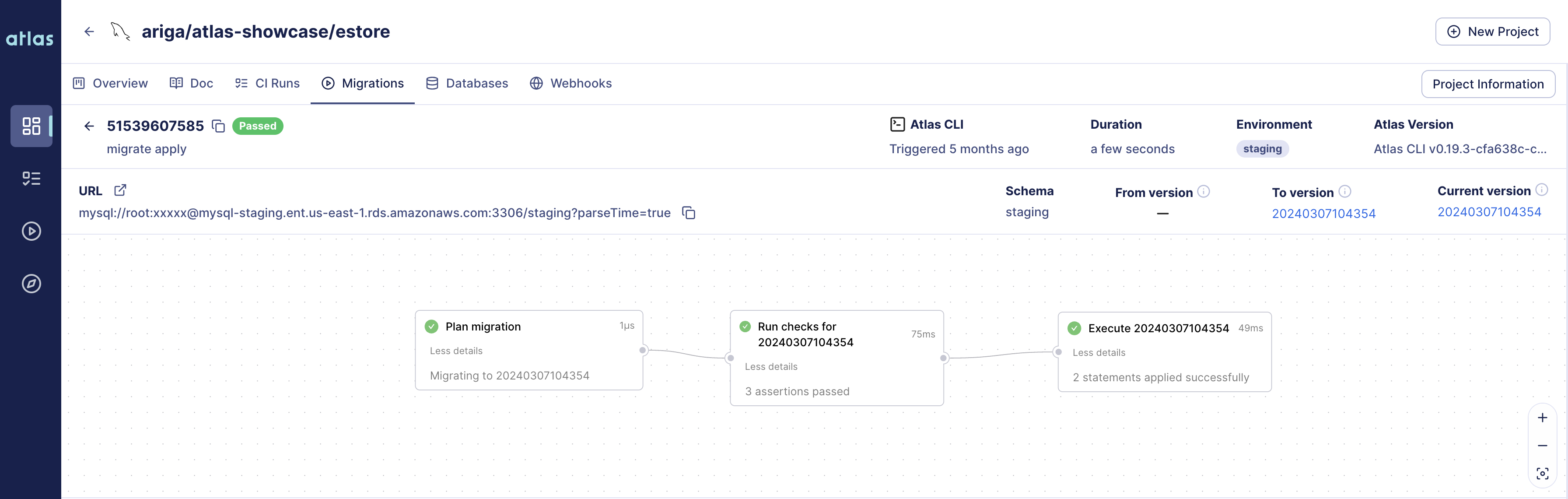 Screenshot of an Atlas Cloud deployment report showing a successful migration with all checks passed.