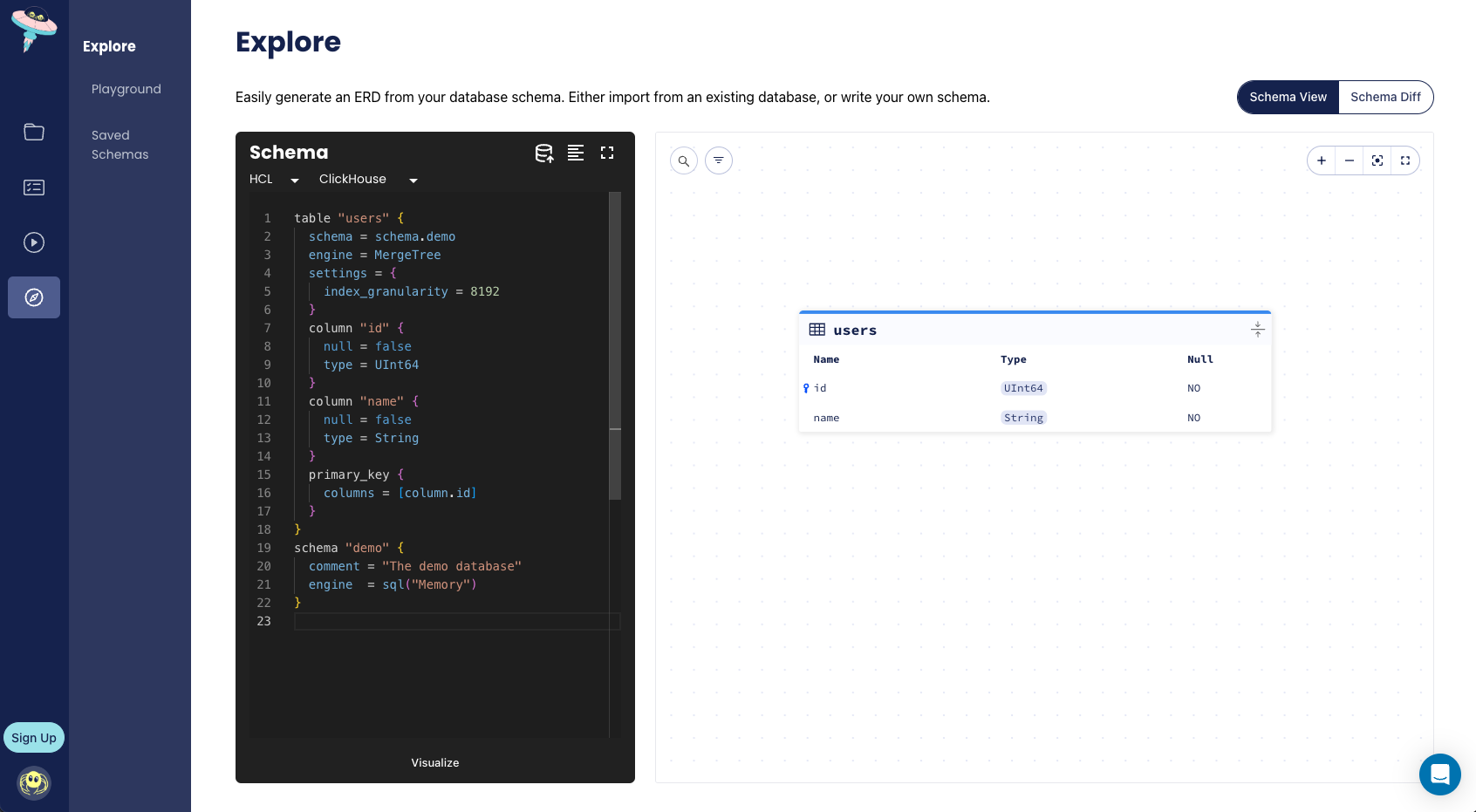 Entity relationship diagram of ClickHouse schema (users)
