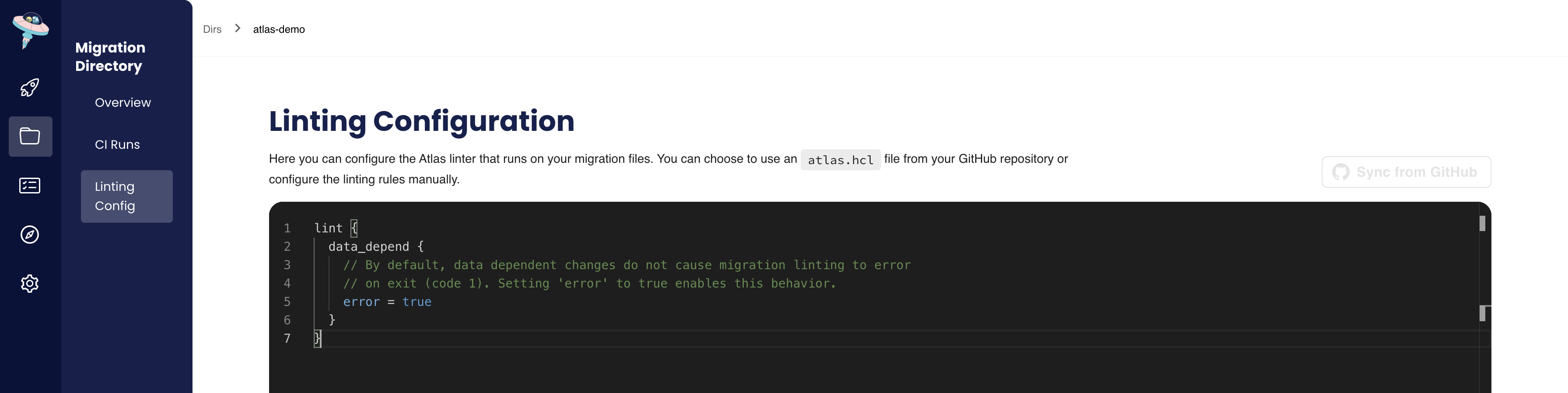 The Linting Config tab in Atlas Cloud for an existing migration directory