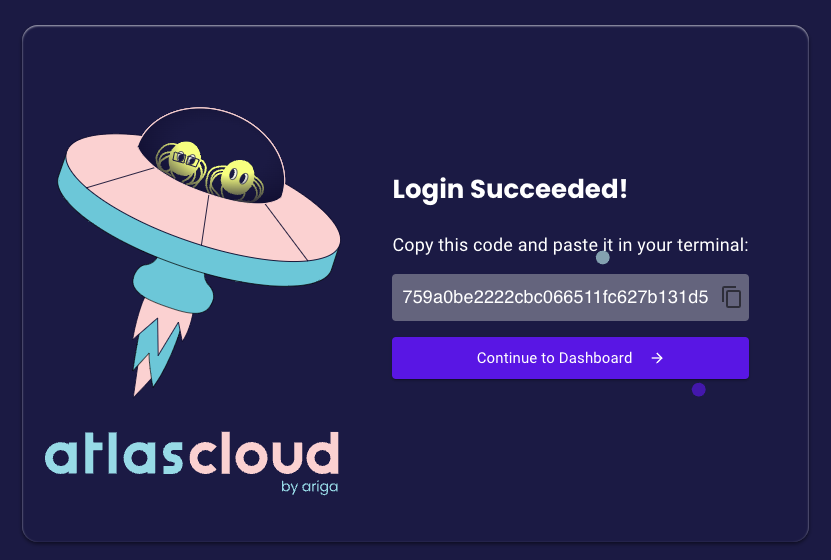 Screenshot of the Atlas Cloud authentication page, showing the auth code to be copied.
