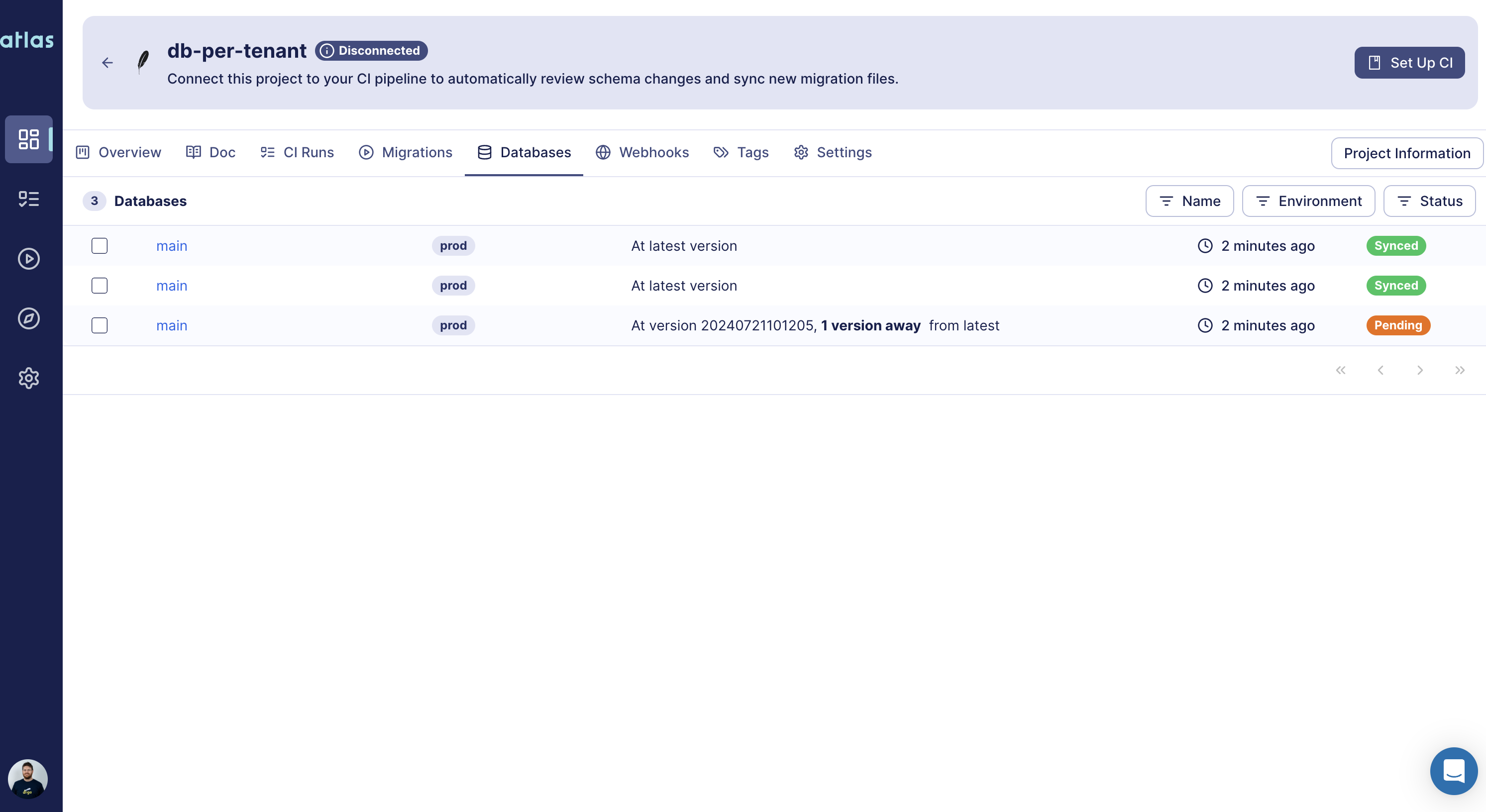 Screenshot of the Atlas Cloud 'Databases' tab, showing the status of multiple tenant databases.