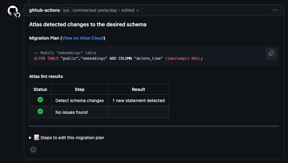 Screenshot of a GitHub pull request comment from Atlas, showing a migration plan and instructions for editing it.