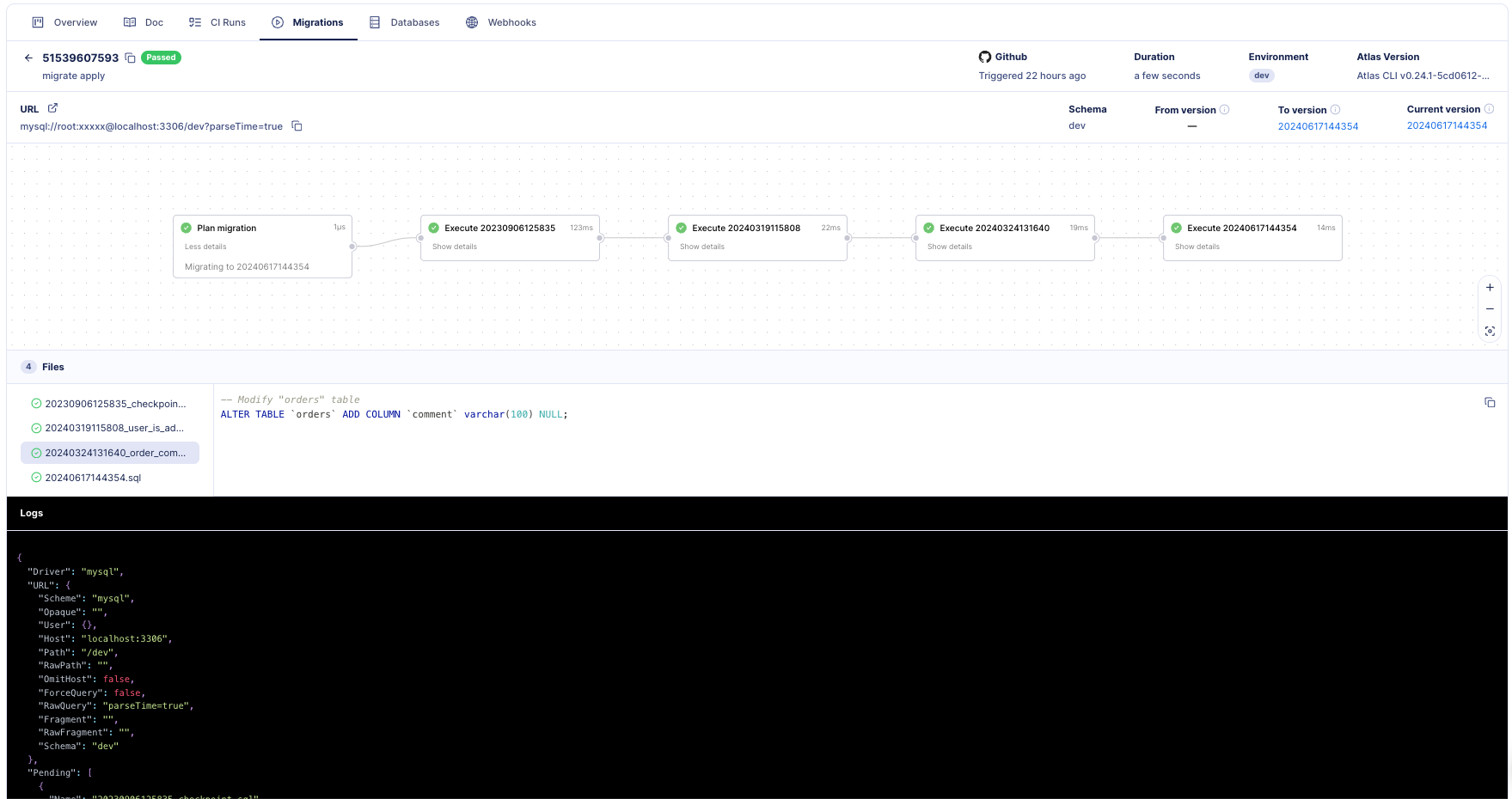 Screenshot of a single deployment report in Atlas Cloud, showing migration status, duration, and applied files.