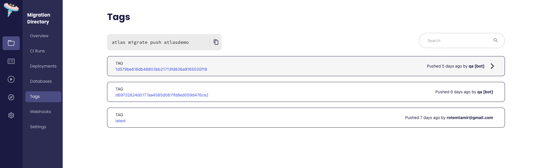 Screenshot of the Atlas Cloud UI showing a list of available migration tags with their corresponding commit hashes.