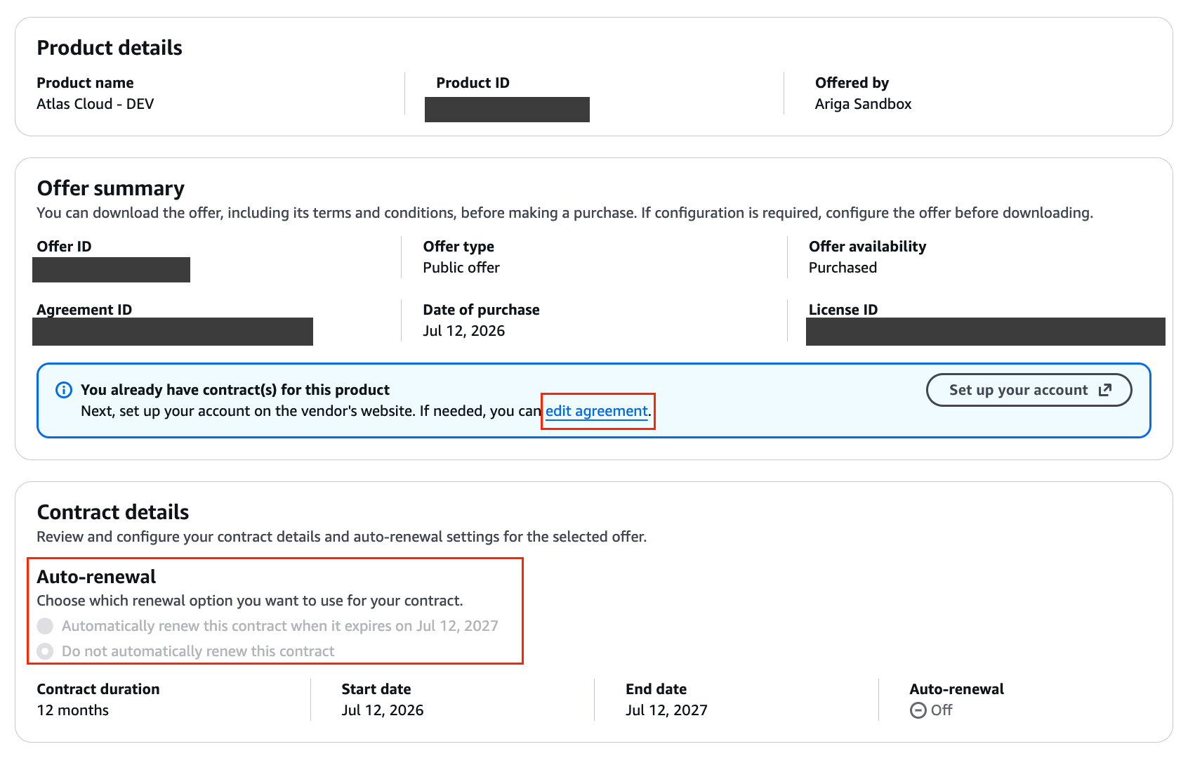 The AWS Marketplace subscription page, with the 'edit agreement' link and the 'Auto-renewal' contract settings highlighted.