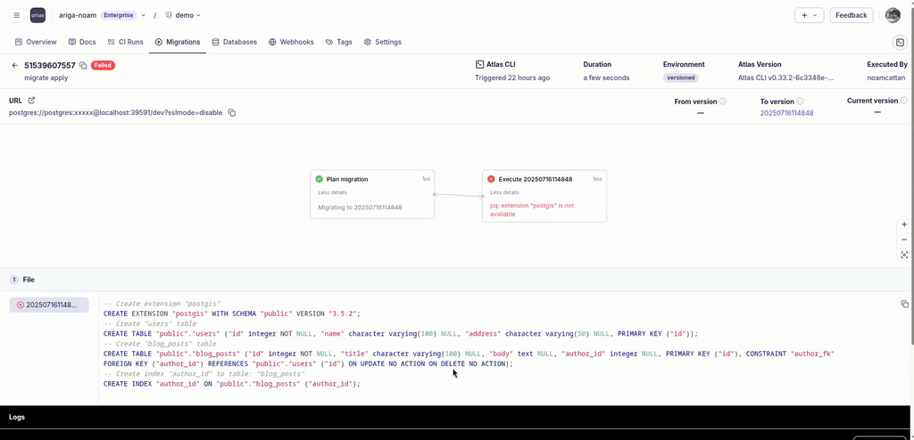 Animated GIF showing the Atlas Copilot 'Explain Error' feature in action on a failed migration.