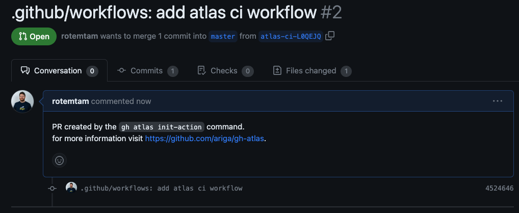 Screenshot of a pull request created by the Atlas GitHub CLI extension, showing the new CI workflow file.