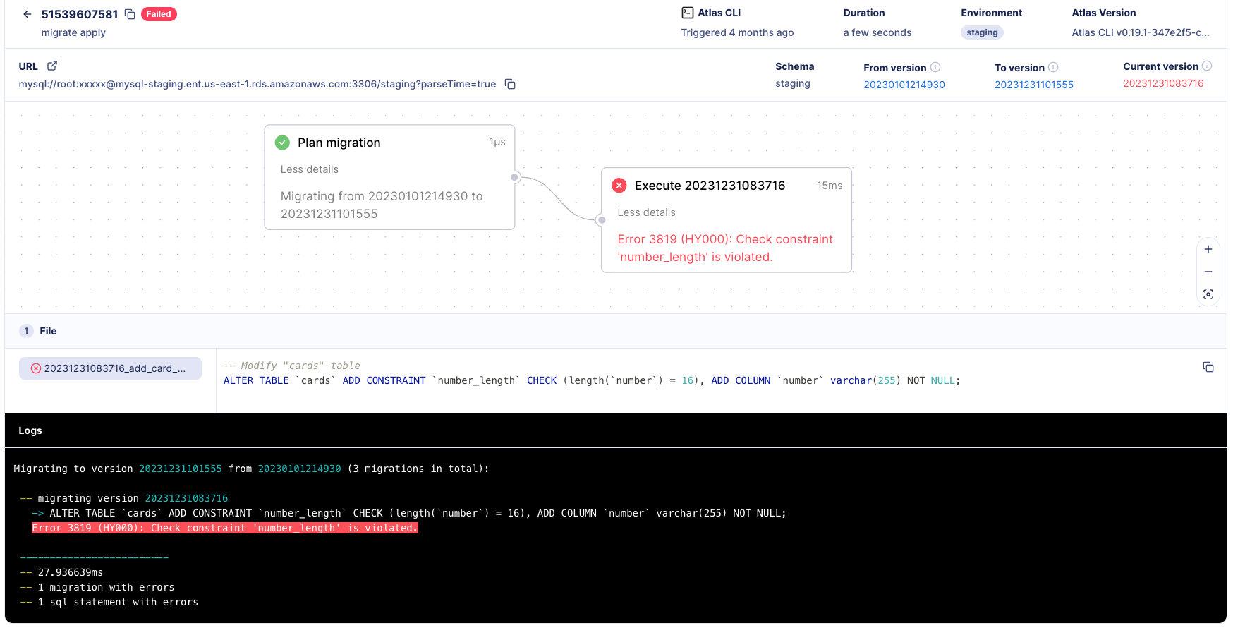 Screenshot of a failed Atlas Cloud deployment report, showing the specific SQL error and which migration files were applied.