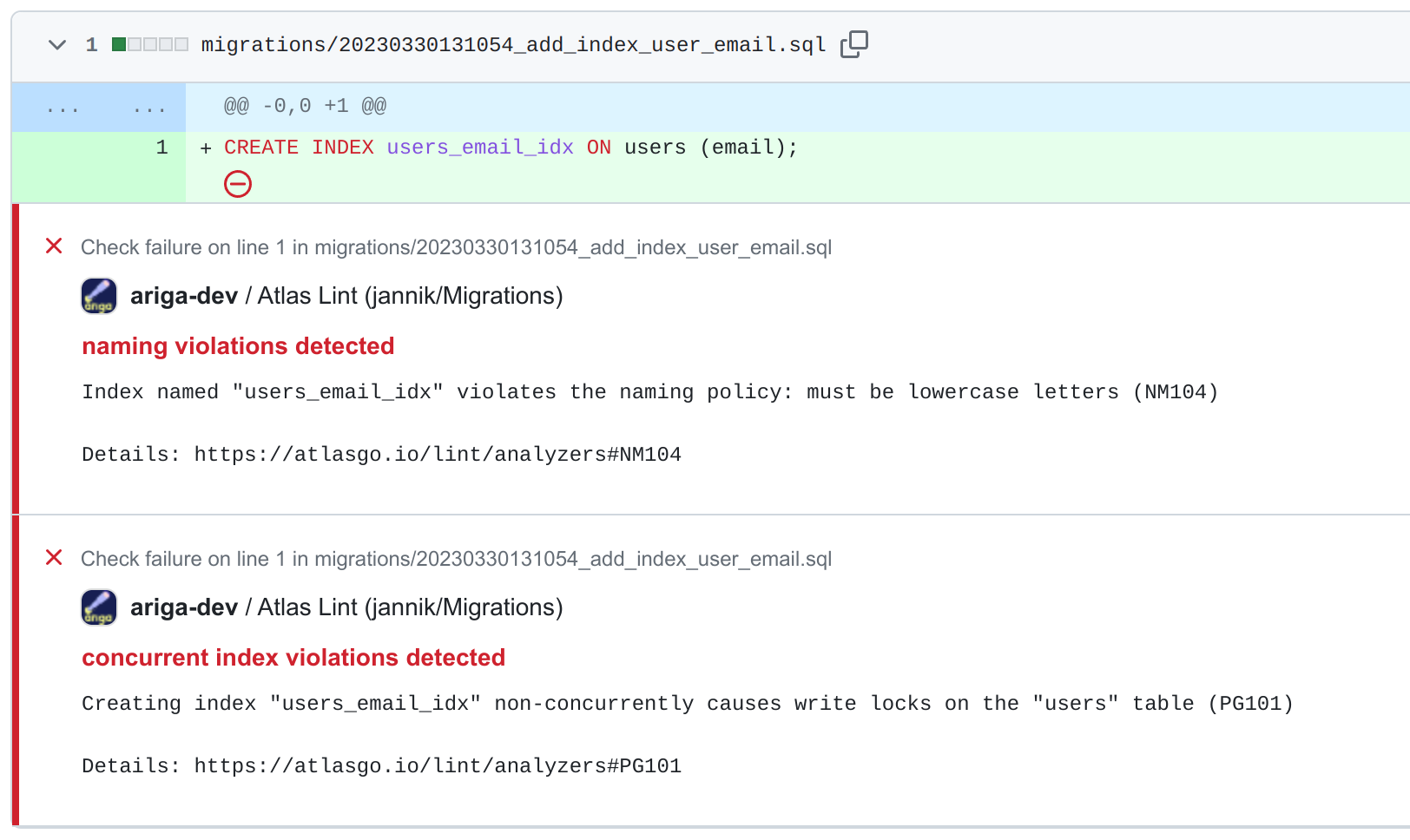 Inline code annotations from Atlas showing linting errors directly in the GitHub files view