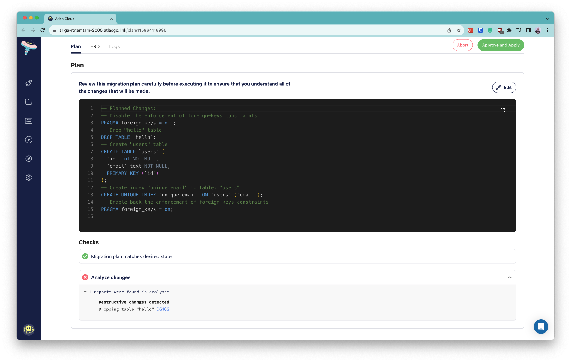 Screenshot of the Atlas Cloud interactive migration plan screen showing a warning for a destructive change.