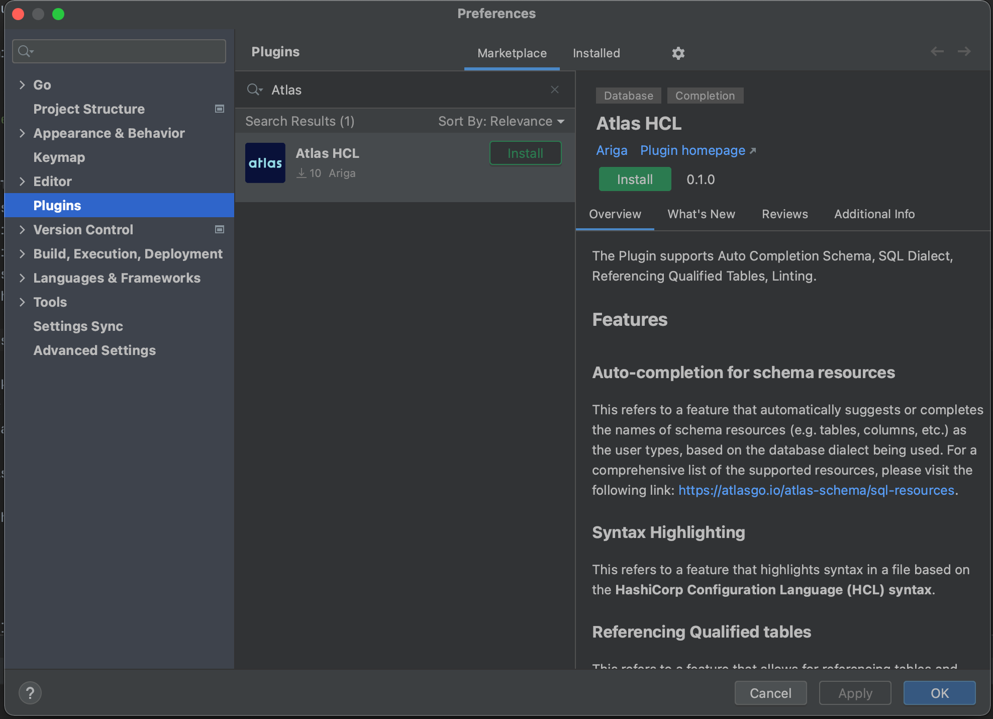 Screenshot of the JetBrains IDE plugin marketplace showing the Atlas HCL plugin with the install button.
