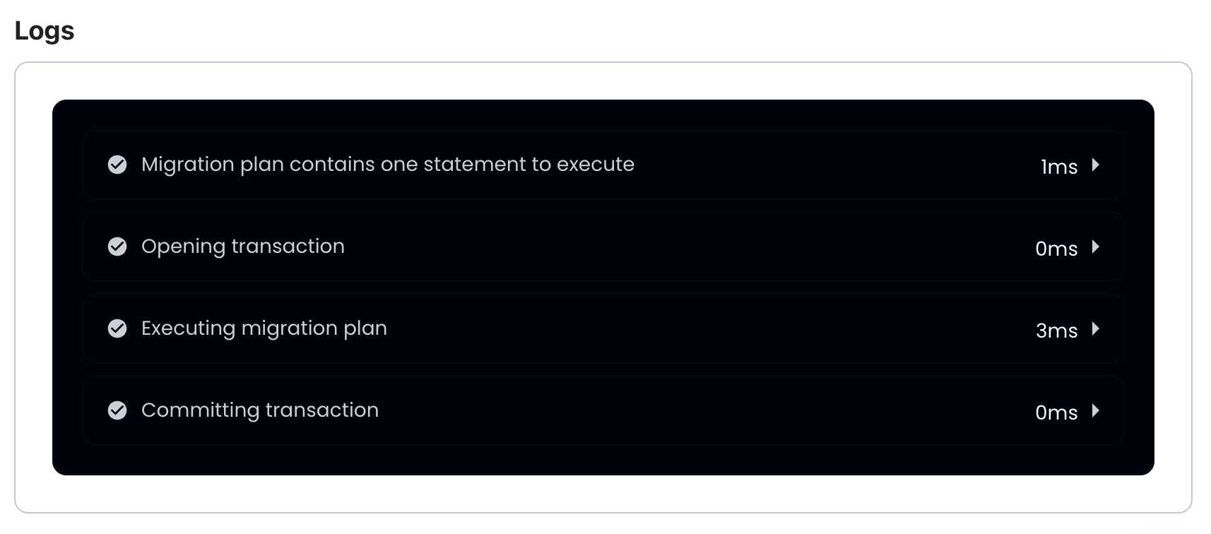 Screenshot of the execution logs in Atlas Cloud after a migration has been successfully applied.