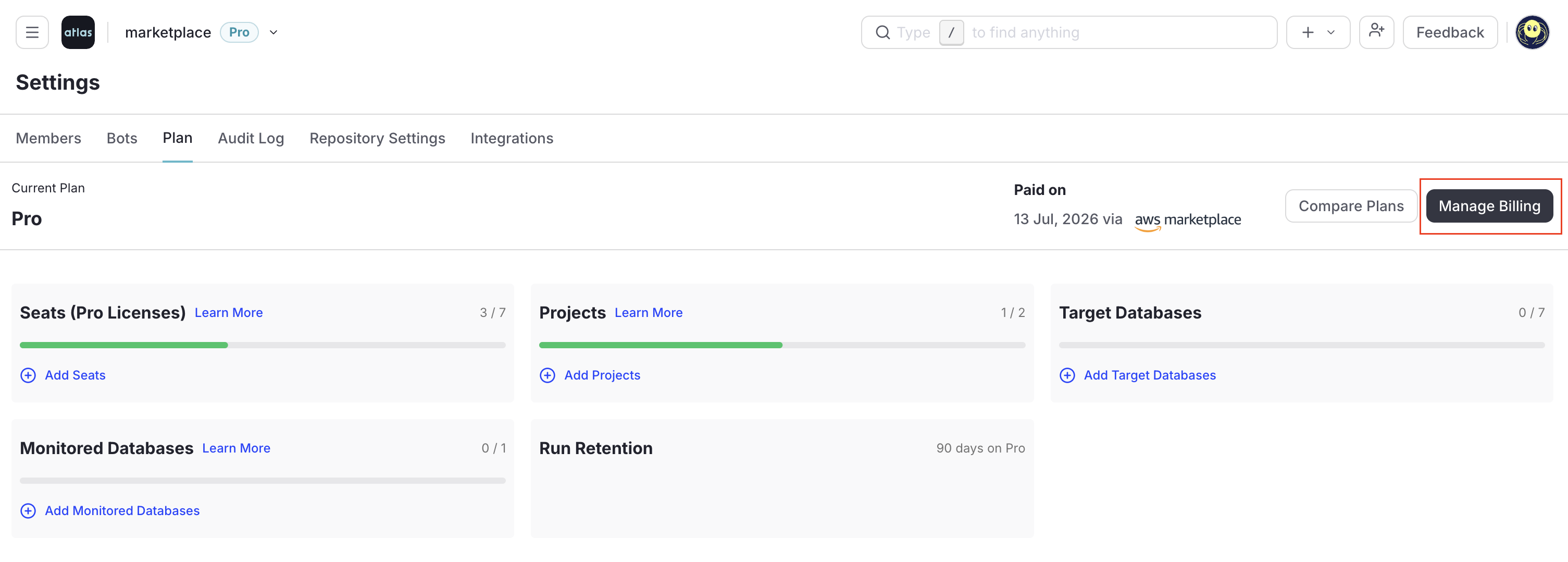 The Atlas Cloud Plan tab, showing per-resource quotas with 'Add' controls and the 'Manage Billing' button highlighted.