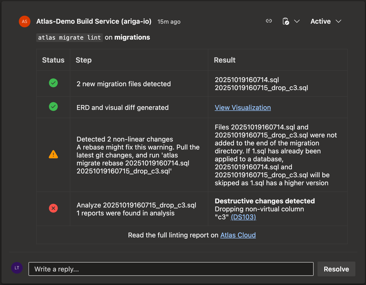 Atlas migration lint results