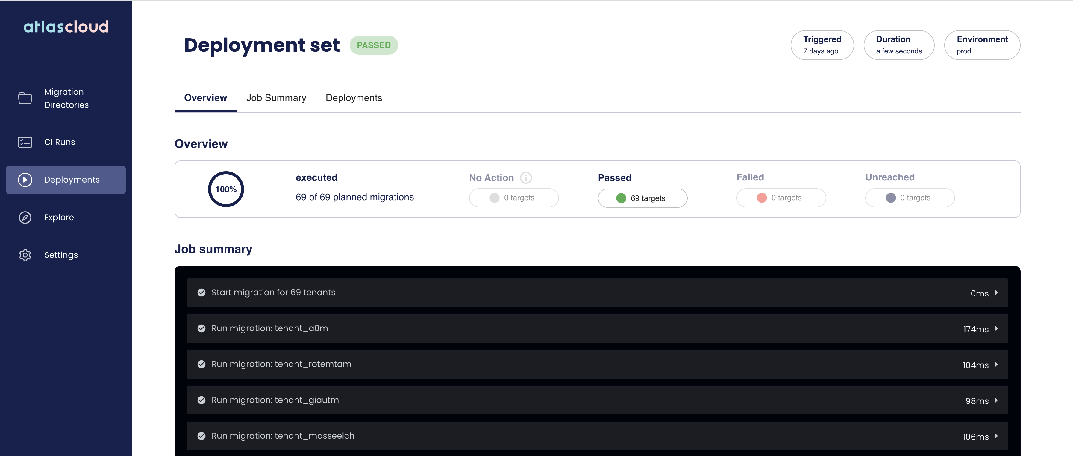 Screenshot of the Atlas Cloud UI showing a successful multi-tenant deployment with multiple migration runs