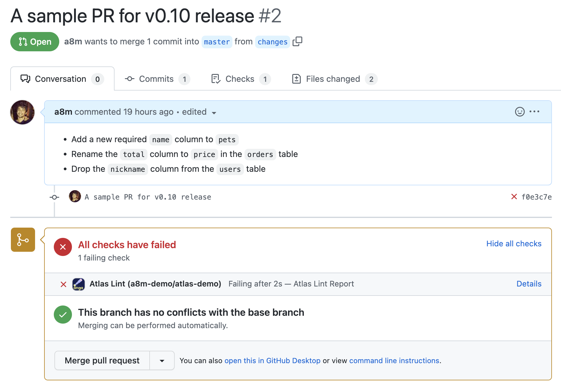 GitHub pull request showing a successful Atlas CI check