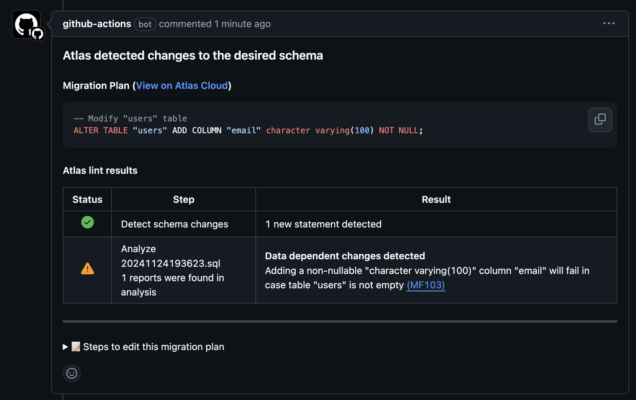 Screenshot of a GitHub pull request comment from Atlas, showing a migration plan to add an 'email' column to the 'users' table.