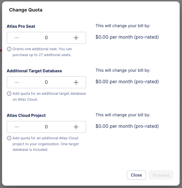 Screenshot of the Atlas Cloud 'Upgrade Plan' modal, showing sliders to adjust quotas for seats, projects, and databases.