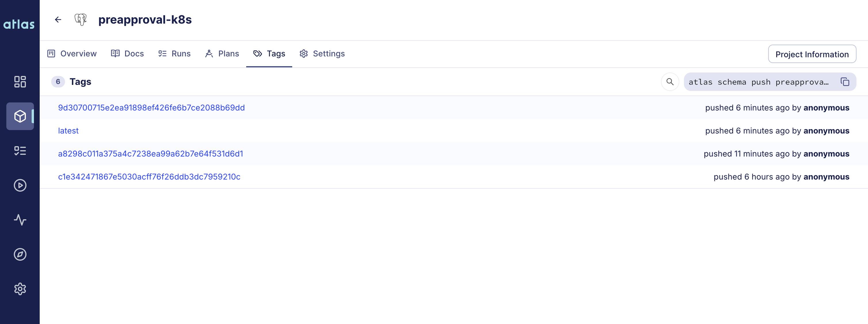 Screenshot of the Atlas Cloud UI showing the 'Tags' tab for a schema, with a specific commit SHA tagged as 'latest'.