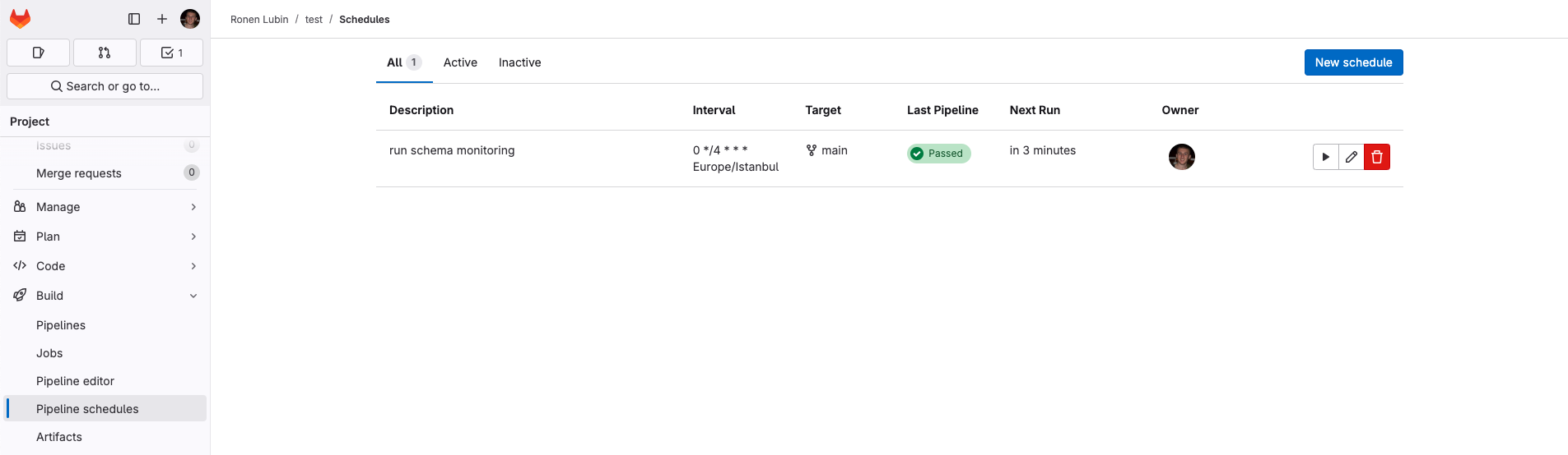 Screenshot of the GitLab UI showing how to create a new scheduled pipeline.