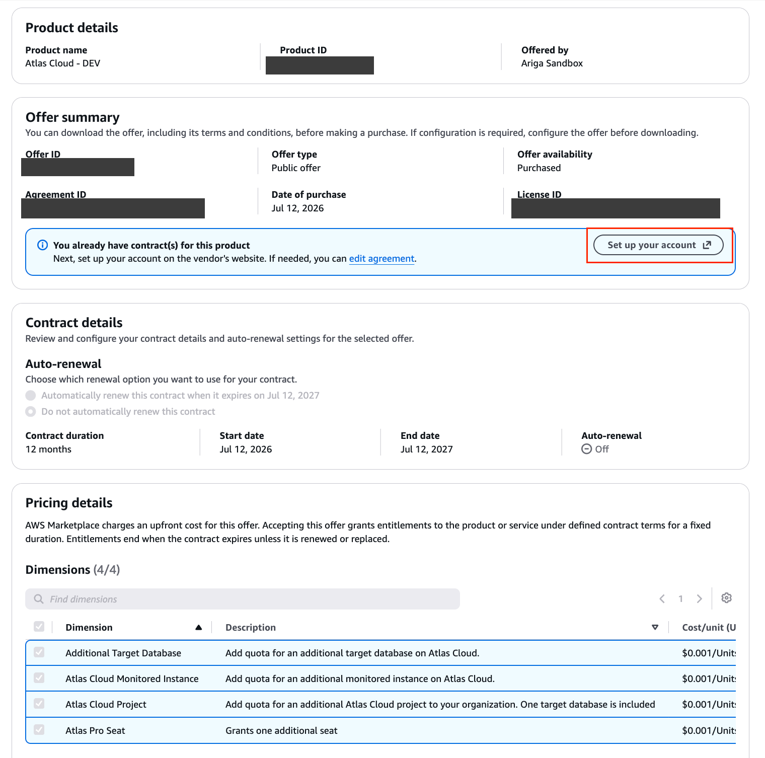 The AWS Marketplace offer page for Atlas Cloud, with the 'Set up your account' button highlighted.