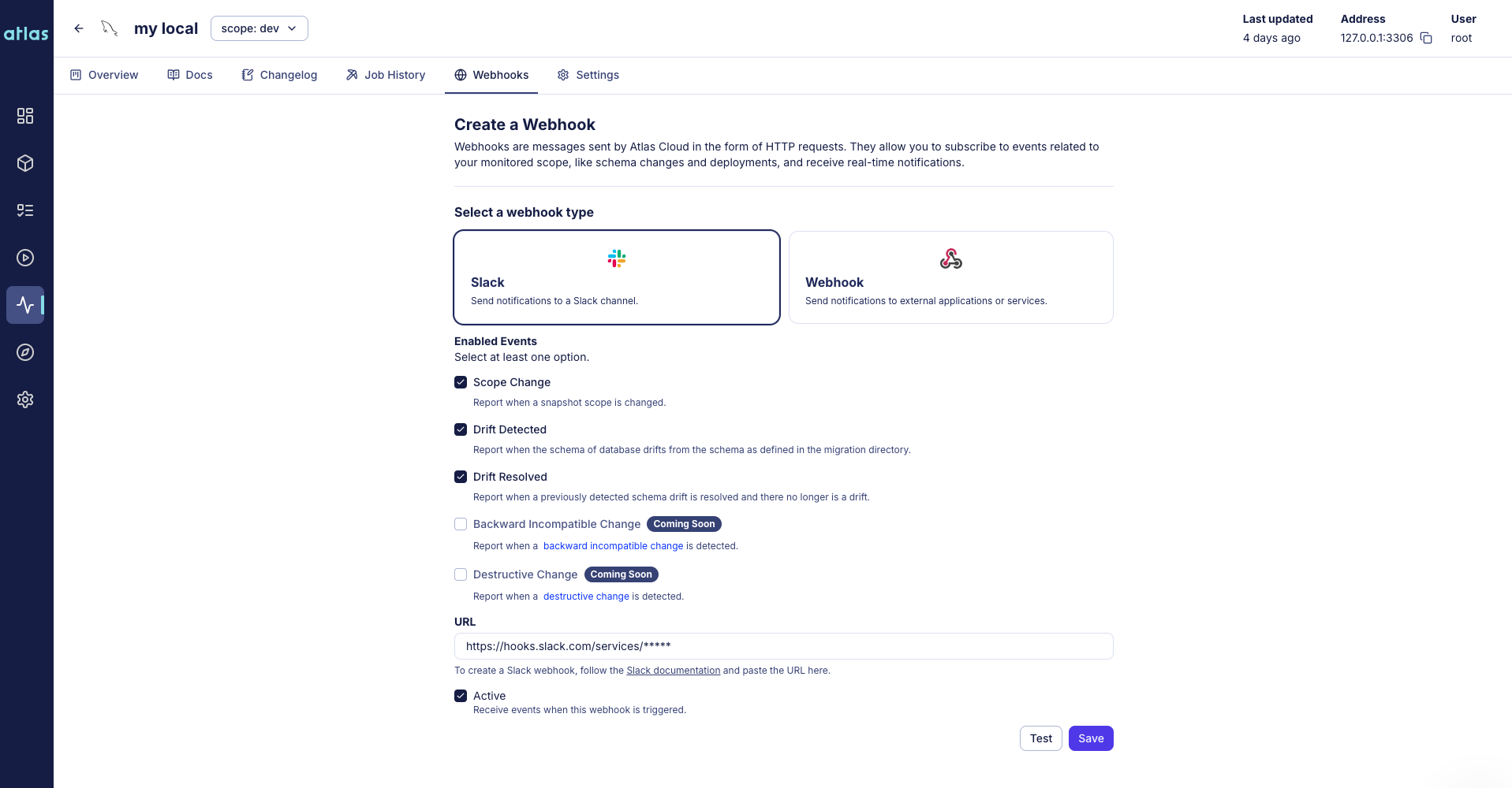 Screenshot of the Atlas Cloud UI showing the webhook setup modal for a Slack integration.