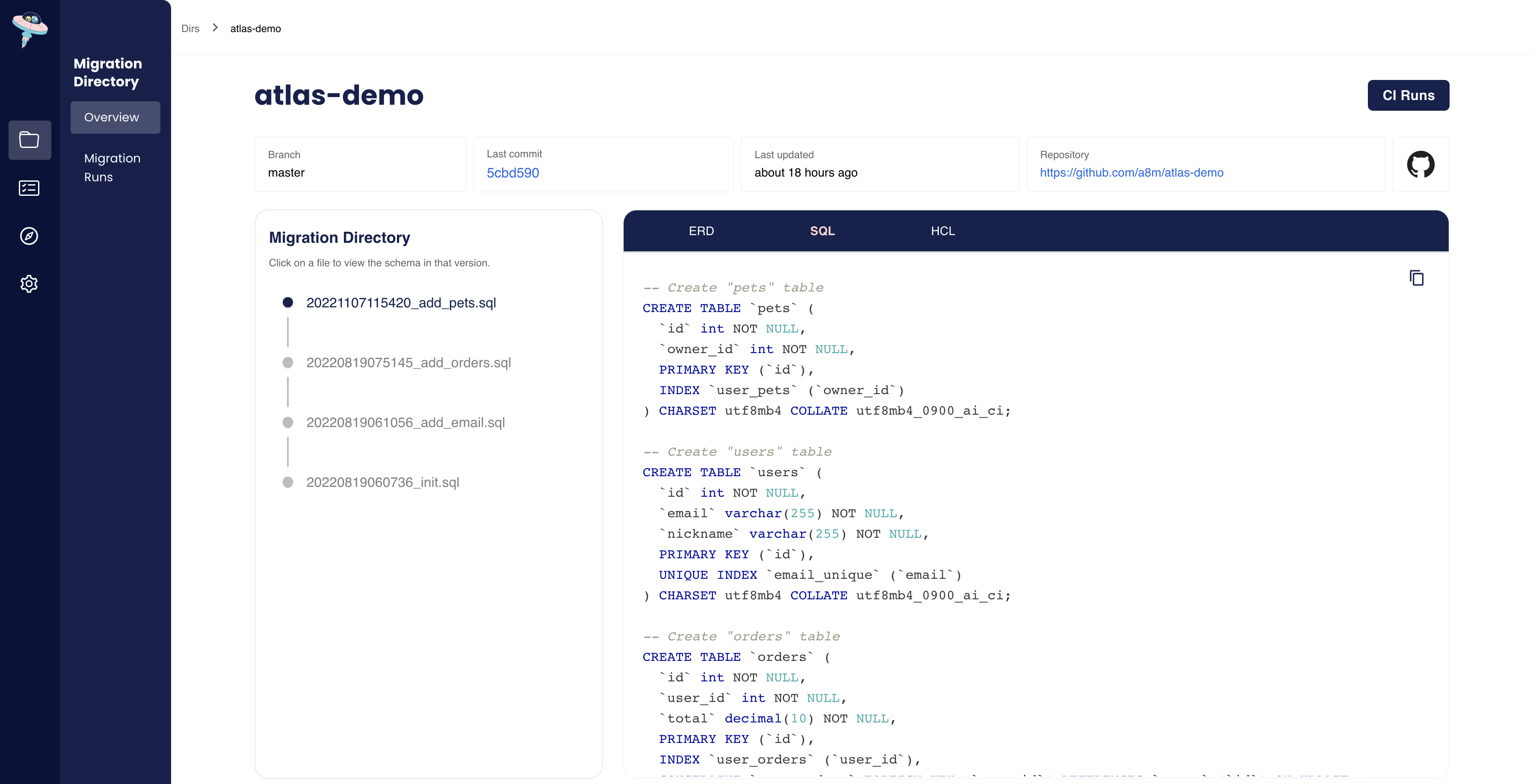 SQL schema definition displayed in Atlas Cloud