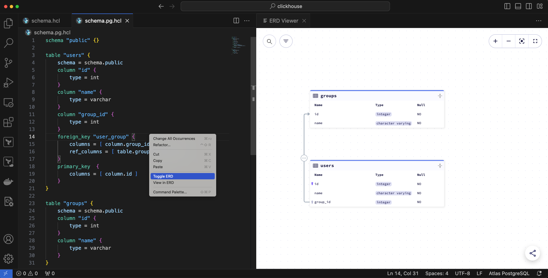 Screenshot of the Atlas VSCode extension showing an ERD generated from a schema file.