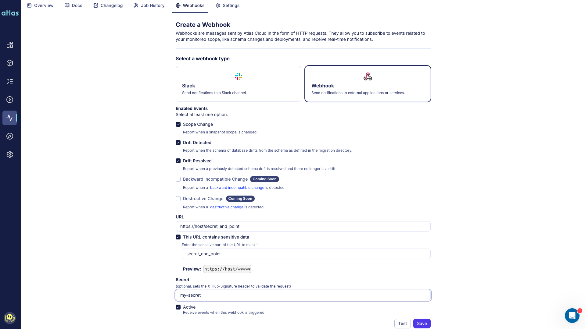 Screenshot of the Atlas Cloud UI showing the webhook setup modal for a generic HTTP endpoint.