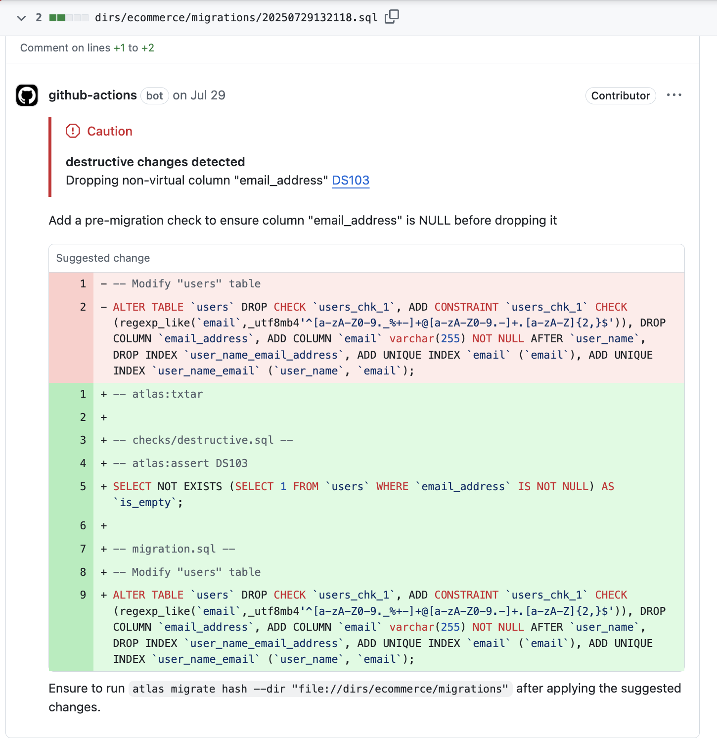 GitHub code comments showing Atlas migration suggestions