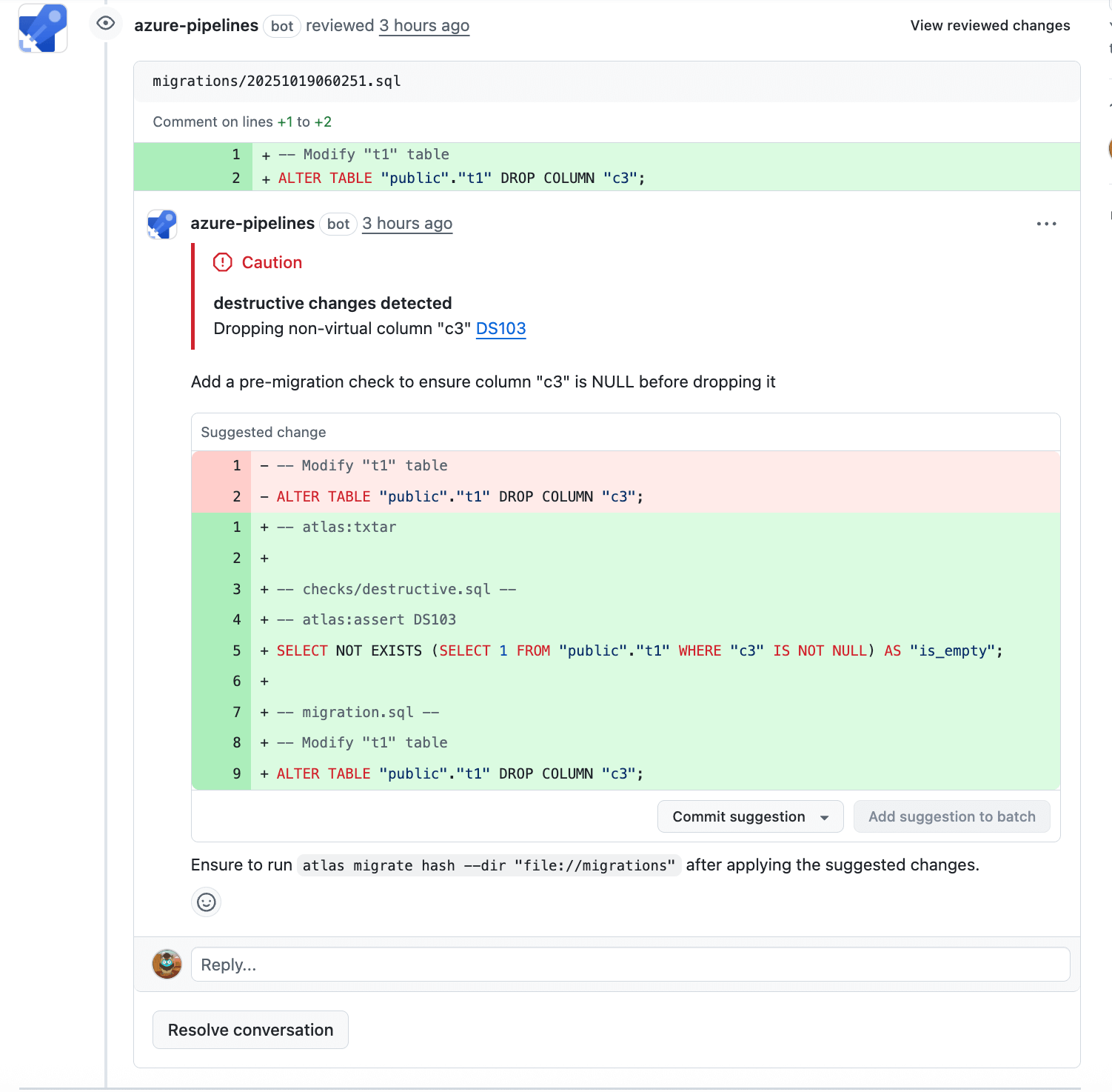 Azure DevOps pull request comment showing Atlas migration lint results