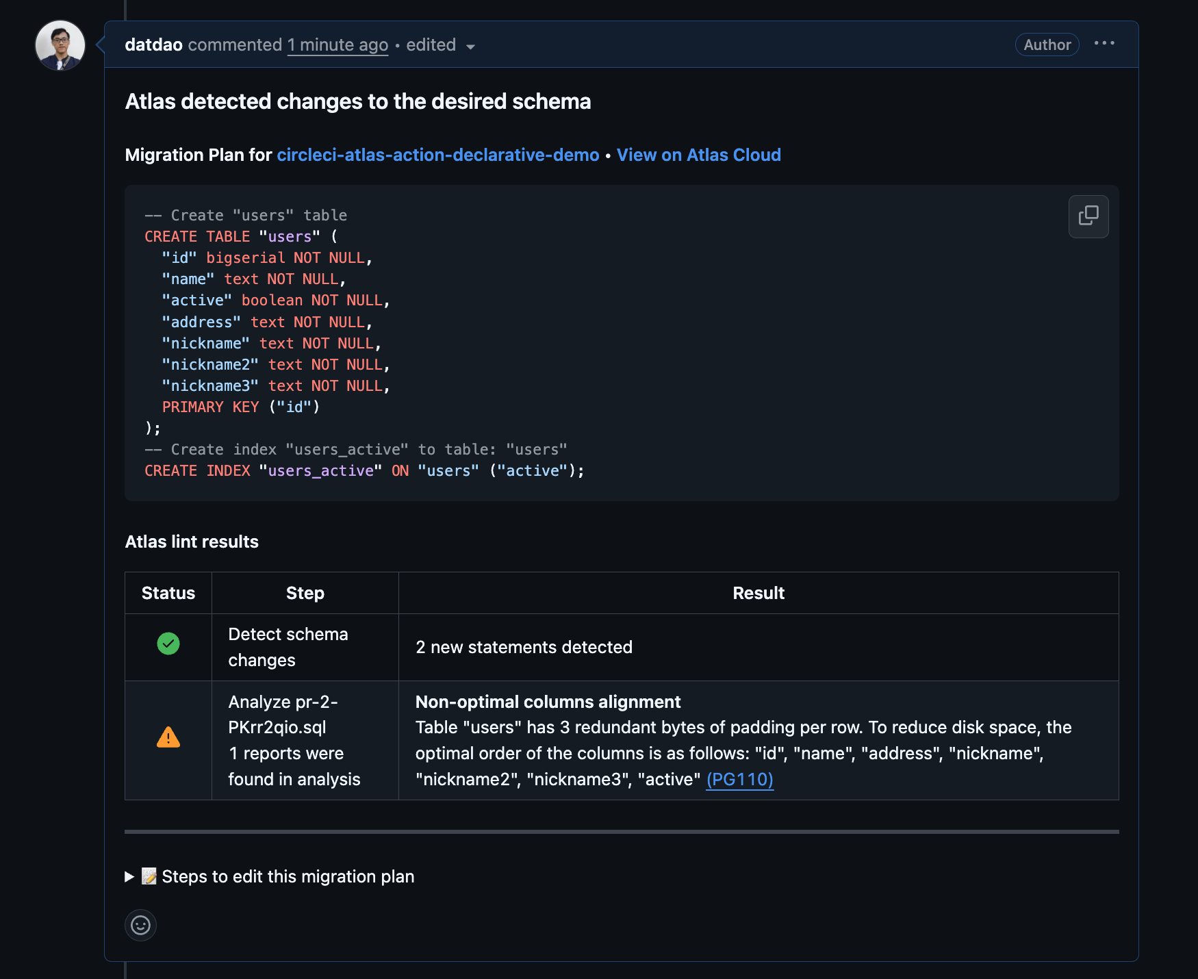 CircleCI pull request comment showing Atlas schema plan results