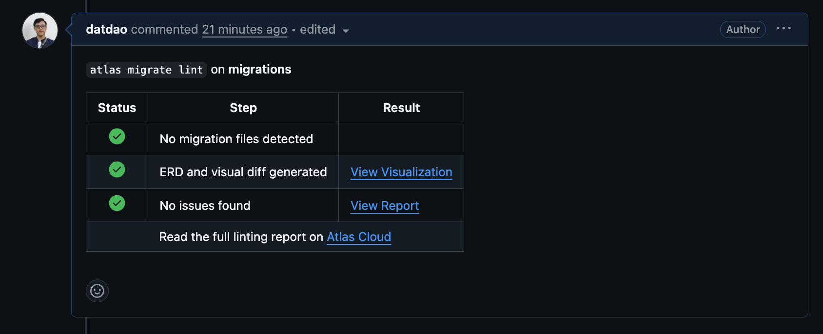 CircleCI pull request comment showing Atlas migration lint results