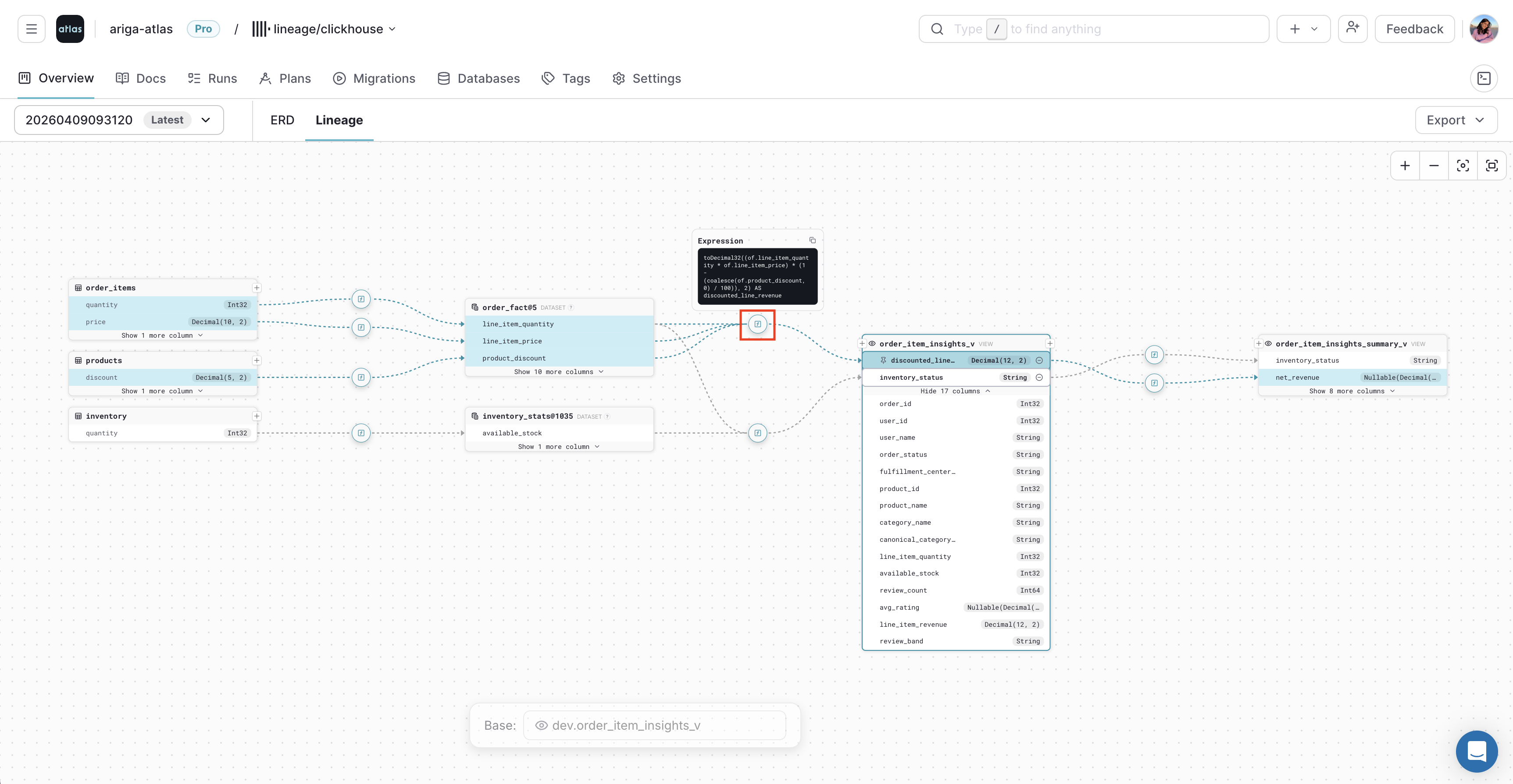 Previewing a transformation expression from the lineage path in Atlas Cloud