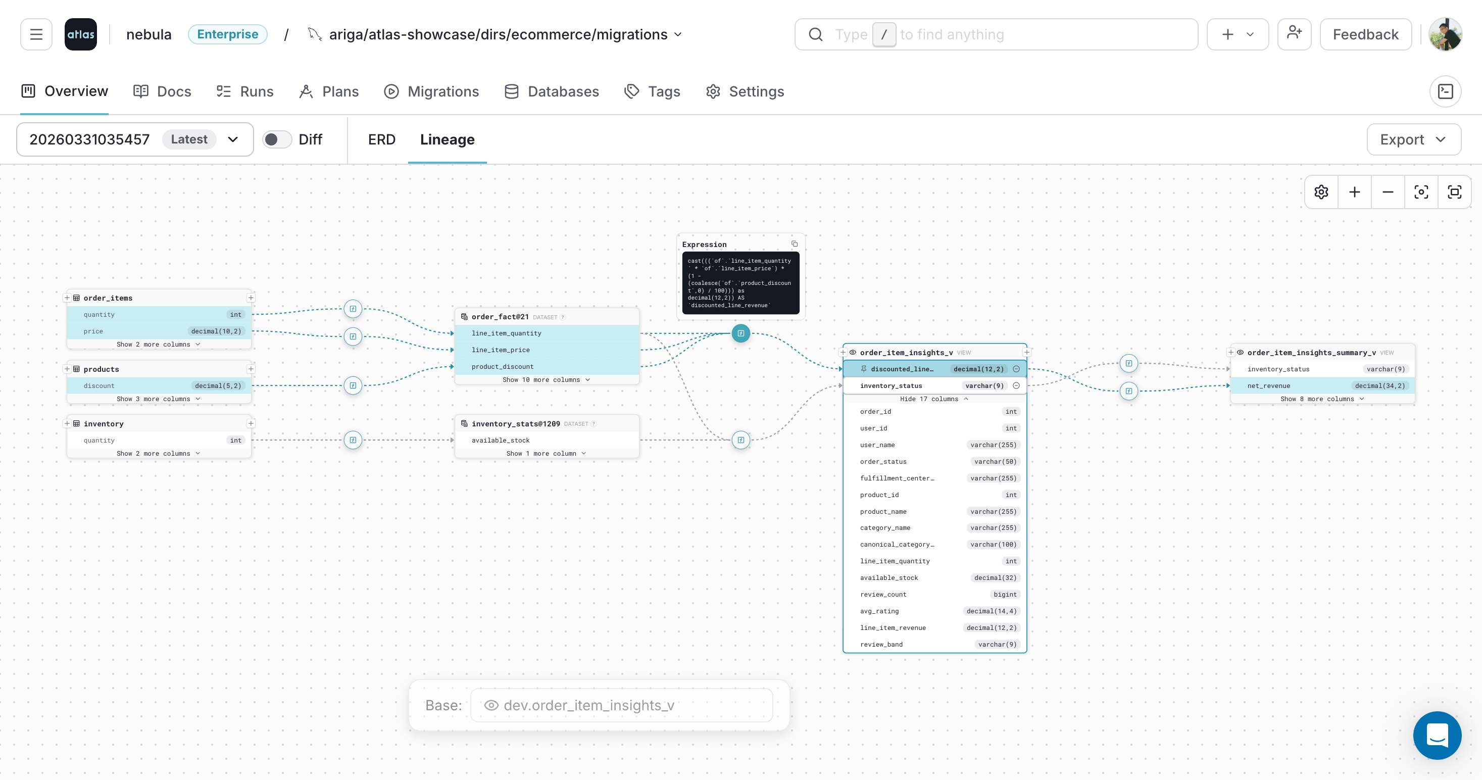 Atlas Cloud lineage graph showing column lineage with a pinned expression