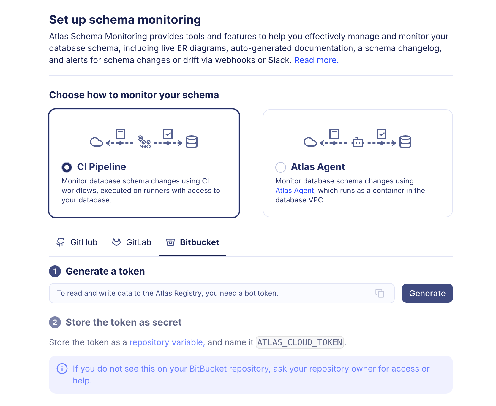 Screenshot of the Atlas Cloud UI showing how to generate a bot token for Bitbucket integration.