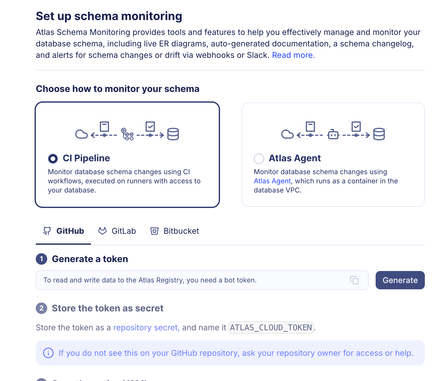 Screenshot of the Atlas Cloud UI showing how to generate a bot token for GitHub Actions integration.