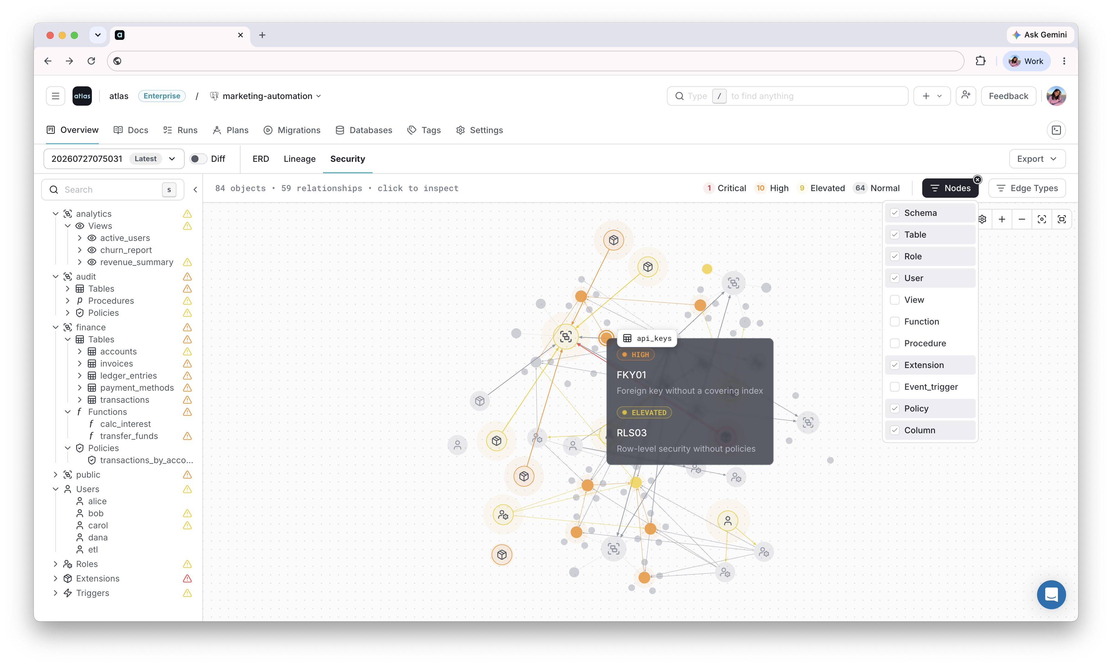Node type and edge type filter dropdowns in the Atlas Cloud security graph