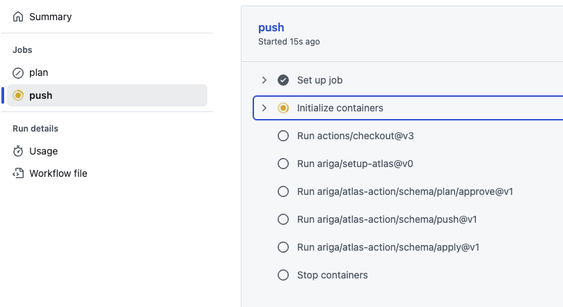 GitHub Actions workflow console output showing successful Atlas schema apply deployment to database