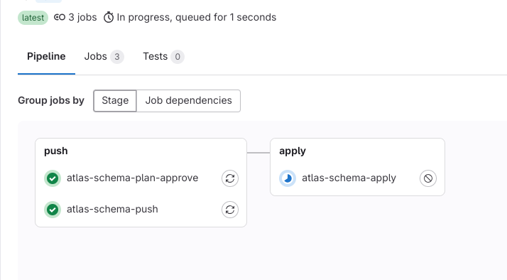 Screenshot of a successful GitLab CI pipeline job, showing the 'schema-apply' step has completed.
