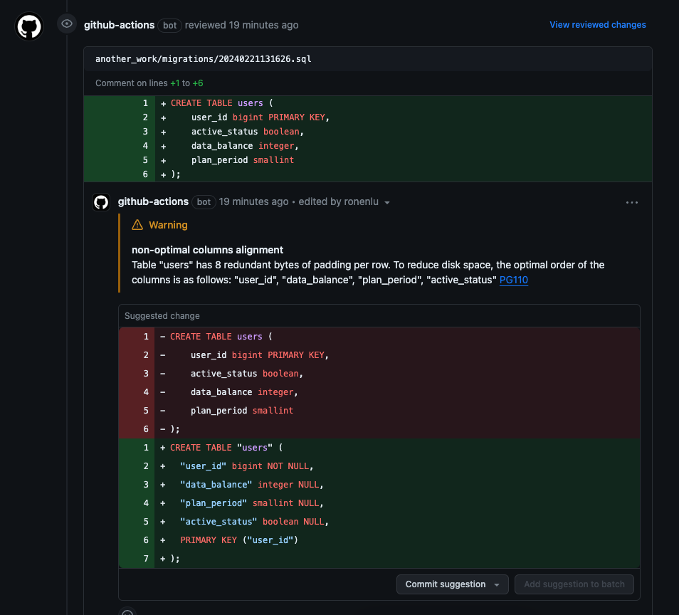 GitHub Actions code suggestion showing Atlas migration lint fix
