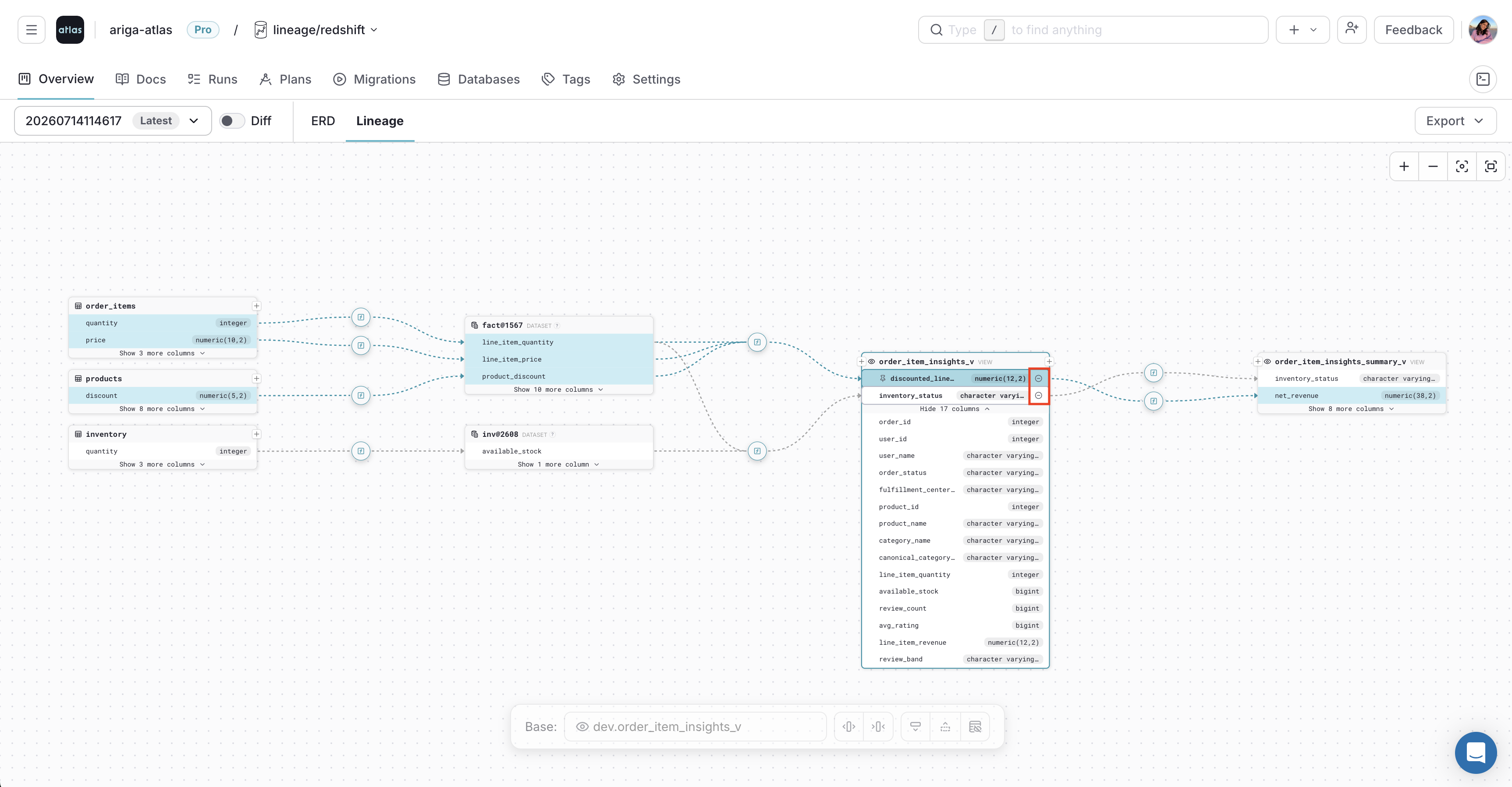 Deselecting a column in the Atlas Cloud lineage graph