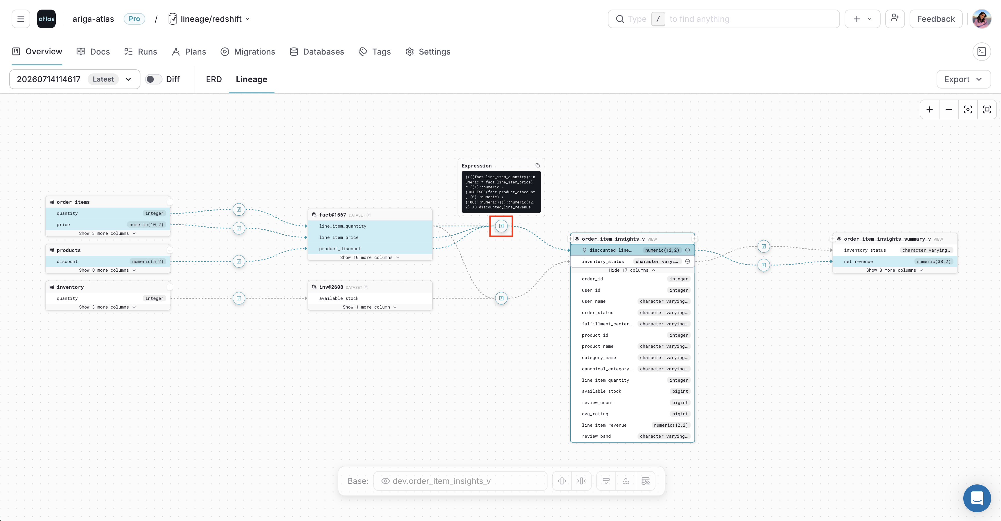 Previewing a transformation expression from the lineage path in Atlas Cloud