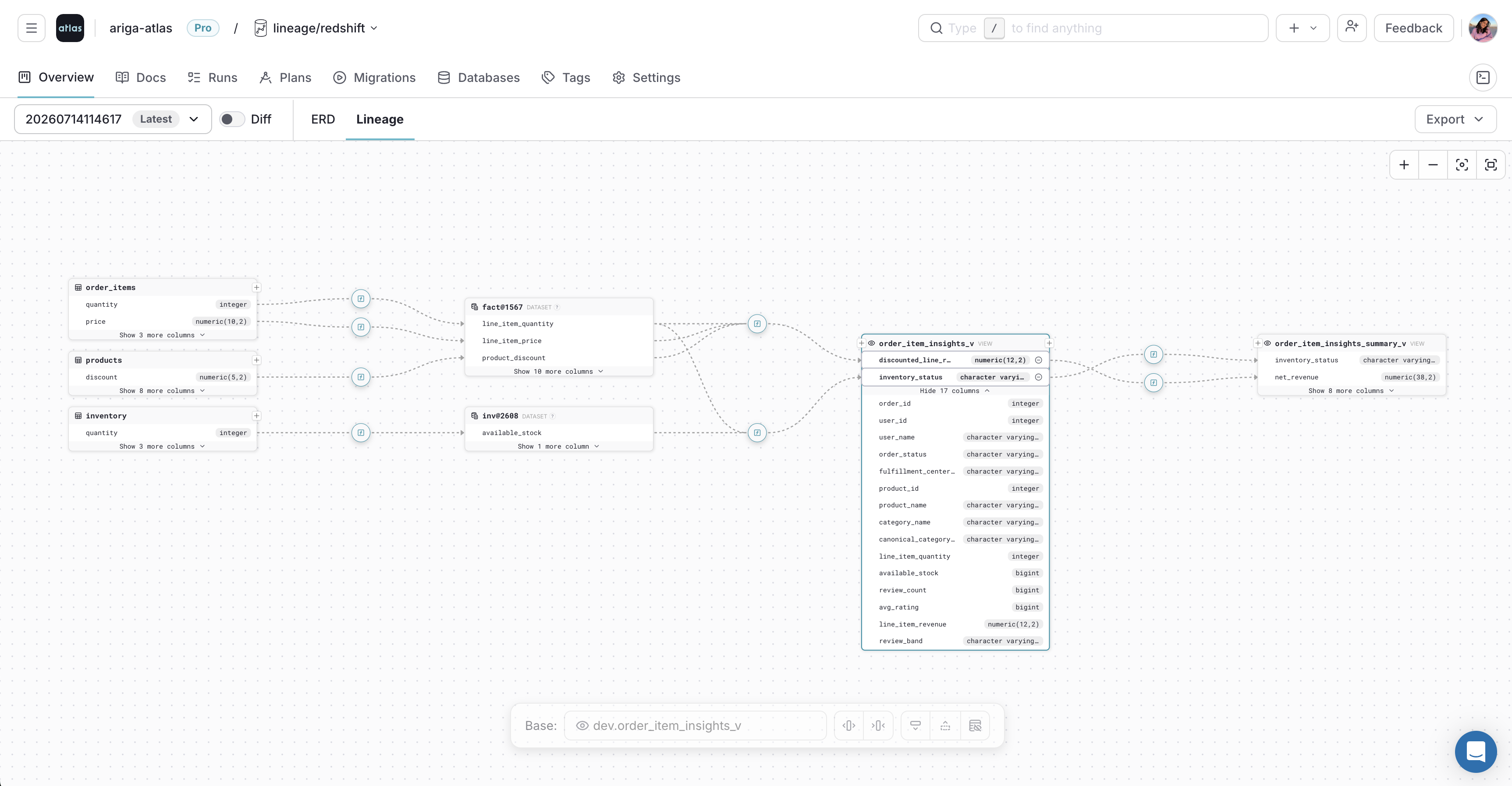 Selecting multiple columns in the Atlas Cloud lineage graph