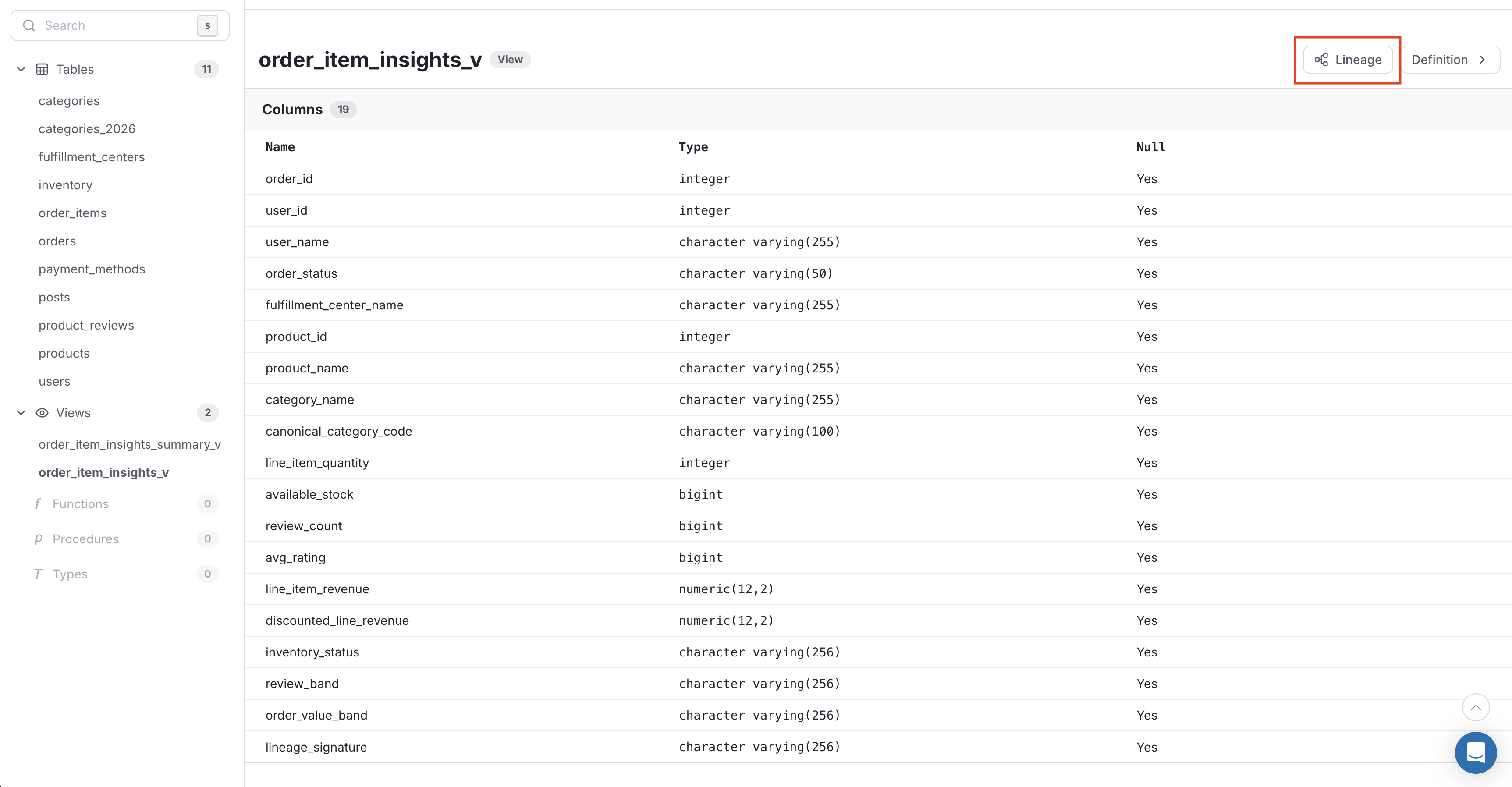 Opening the lineage graph from the Docs view in Atlas Cloud